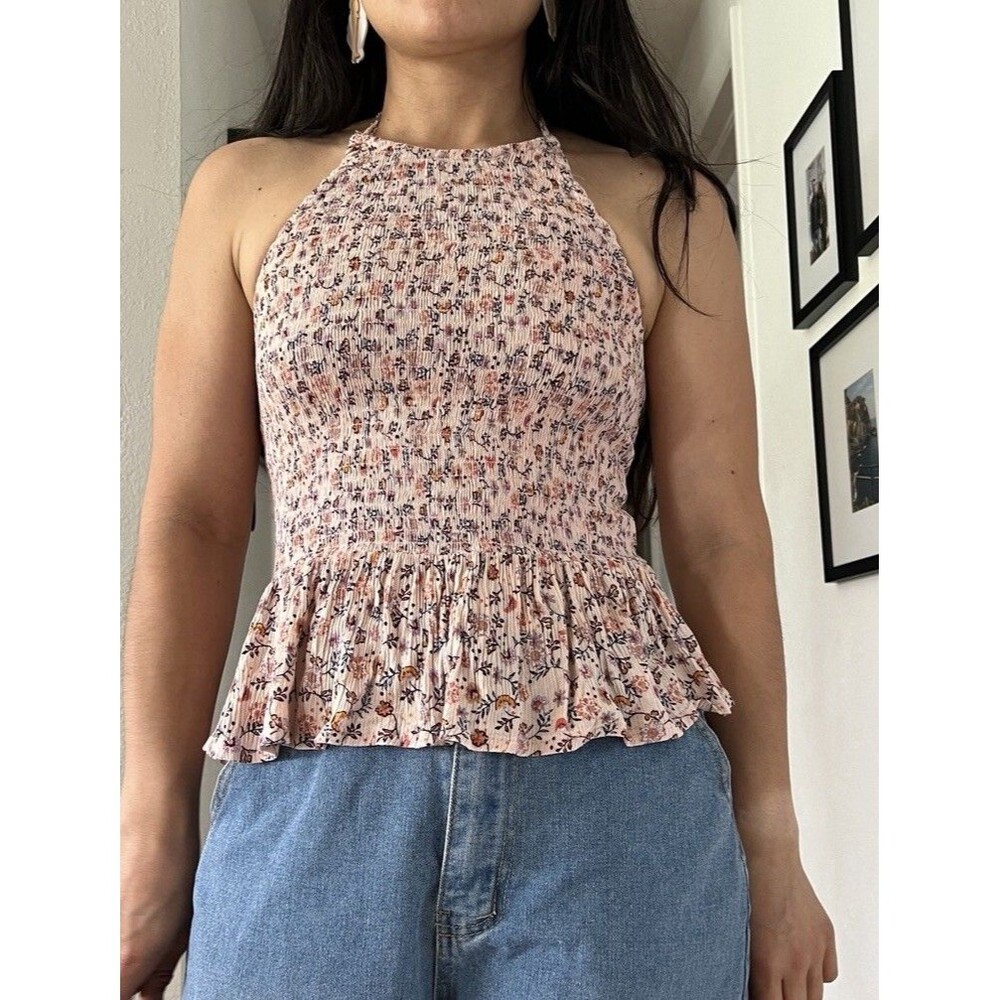 Patrons Of Peace Med Pink Floral Halter‎ Tank Top Ruffle Smocked Stretch Boho